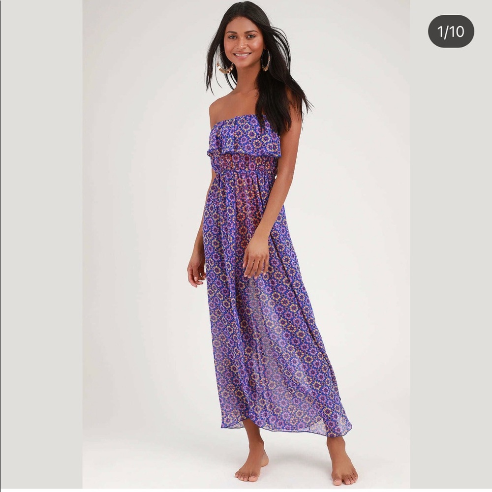 Lulus Layton Royal Blue Print Sheer Maxi Dress Swimsuit Coverup XS